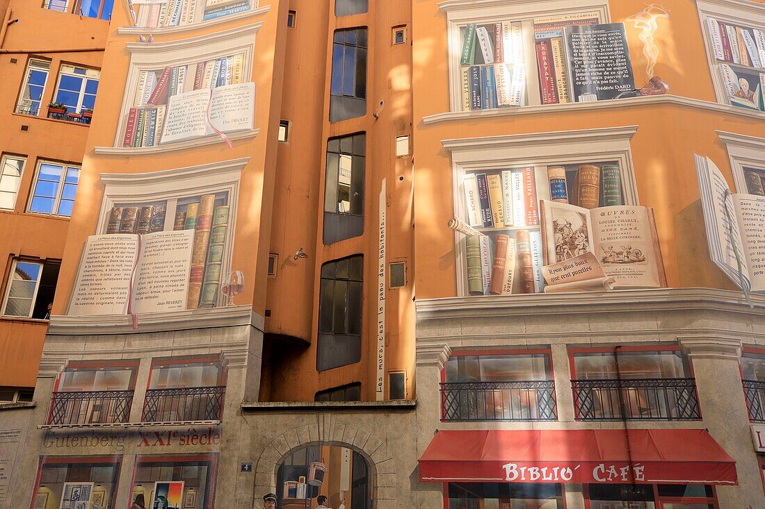 France, Rhône, Lyon, 1st arrondissement, Cordeliers district, rue de la Platière, Fresco The City Library by CitéCréation (1998)