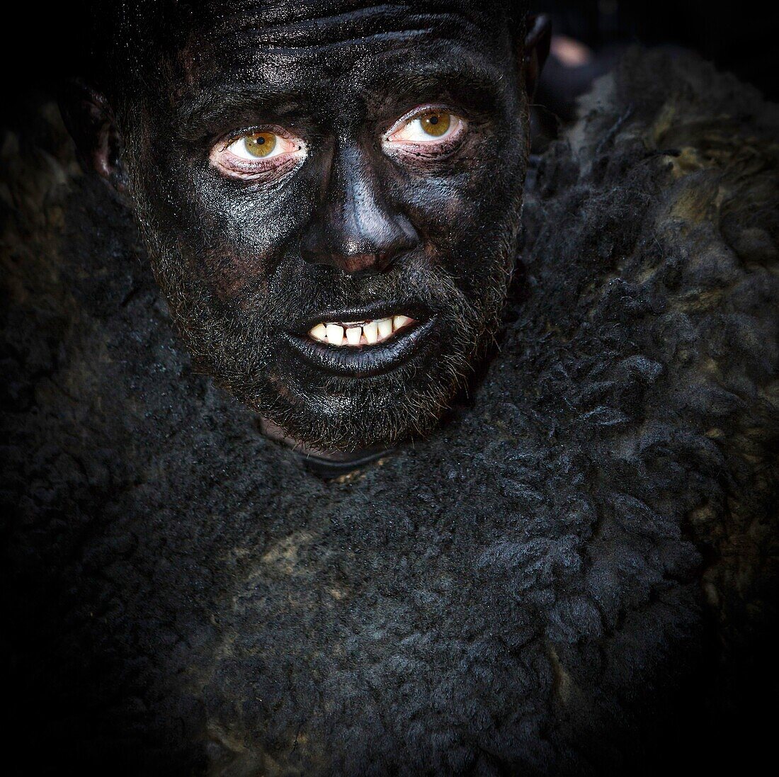 France, Pyrenees Orientales, Prats-de-Mollo, life scene during the bear celebrations at the carnival, portrait of the man disguised as a bear