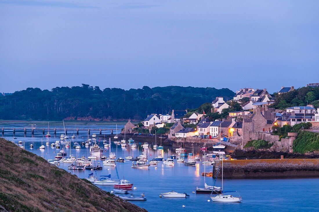 France, Finistere, Le Conquet at dusk, fishing port in the marine natural park of Iroise