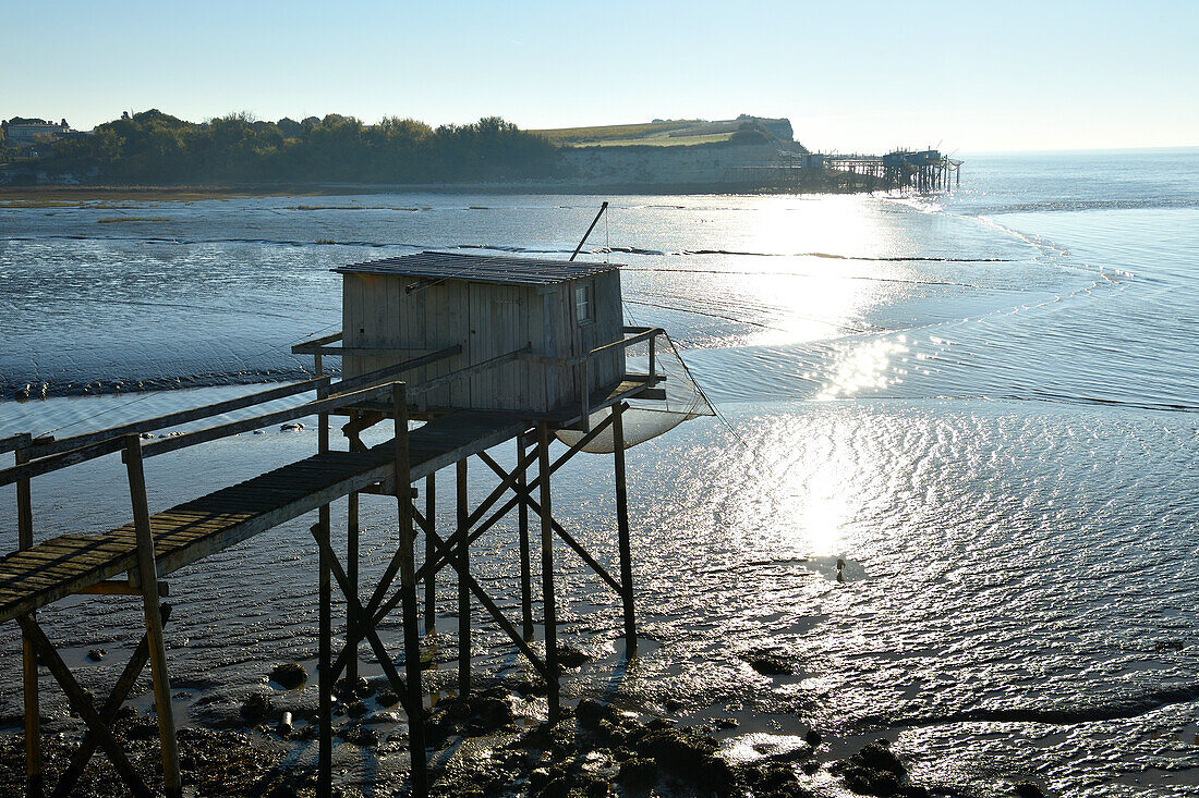 France, Charente Maritime, Gironde estuary, Talmont sur Gironde, labelled Les Plus Beaux Villages de France (The most beautiful villages of France), Carrelets (fisherman's hut) under the Caillaud cliffs