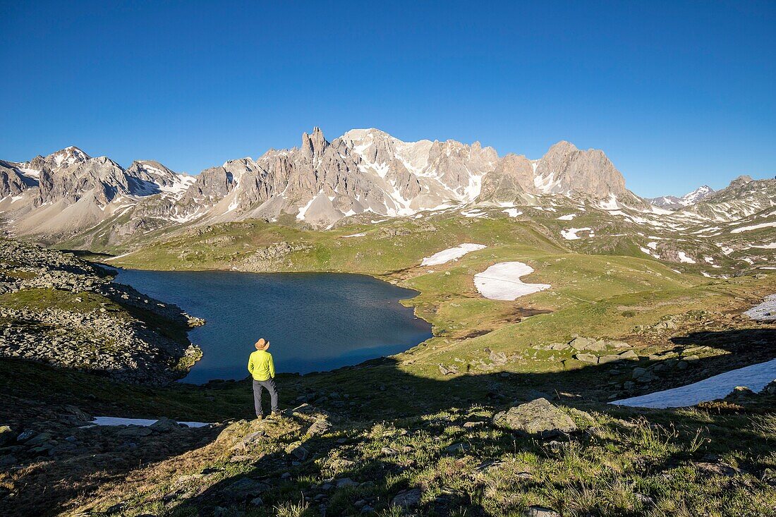 France, Hautes Alpes, Nevache, La Clarée valley, Long Lake (2387m) with the Cerces massif in the background (3093m)