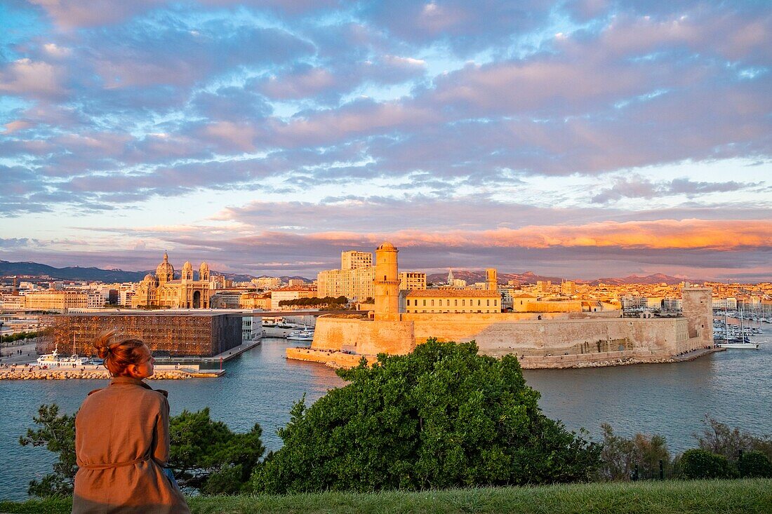 France, Bouches du Rhone, Marseille, the Mucem, Fort Saint Jean, and the basilica de la Major