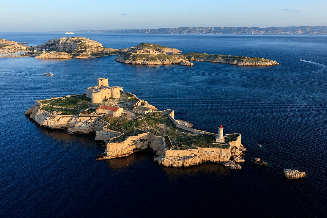 France, Bouches du Rhone, Calanques National Park, Marseille, 7th arrondissement, Frioul Islands archipelago, Ile d'If, Chateau d'If, listed as a Historic Monument (aerial view)