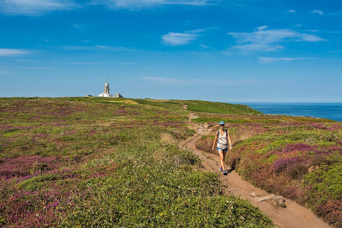 France, Bretagne, Finistere, Regional Natural Park of Armorica, Marine Natural Park of iroise, Plogoff, the Pointe du Raz ranked Grand National Site, hikers on the hiking trail 34