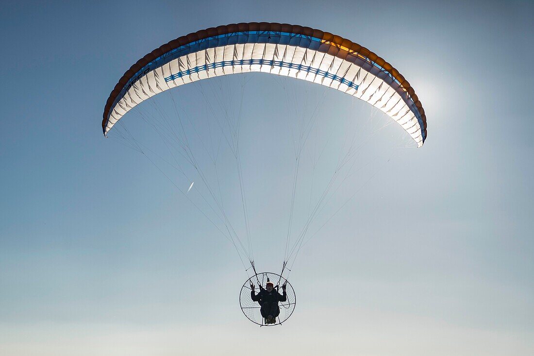 France, Eure, Les Thilliers en Vexin, paramotor in flight, wing Apco