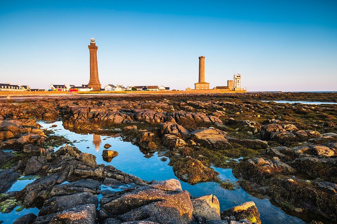 France, Finistere, Penmarc'h, Pointe de Penmarc'h, Penmarc'h and Eckmuhl lighthouses and the semaphore