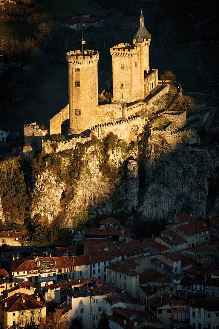 France, Pyrenees, Ariege, Foix, aerial view of the town of Foix and its castle