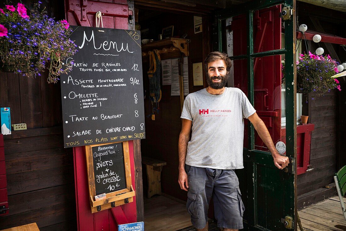 France, Haute Savoie, Chamonix Mont Blanc, Chamonie Valley, chalet snack bar, Timothee, owner