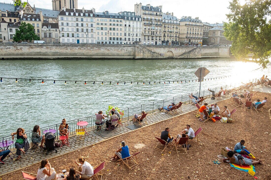 Frankreich, Paris, Parc des Rives de Seine, von der UNESCO zum Weltkulturerbe erklärt, Picknick vor der Ile de la Cite