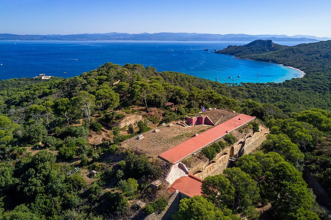 France, Var, Iles d'Hyeres, Parc National de Port Cros (National park of Port Cros), Porquerolles island, Orthodox Monastery of Santa Maria in the former Fort of Repentance, the Alycastre Fort left then the Bay of Alycastre and the Cap des Medes right in the background