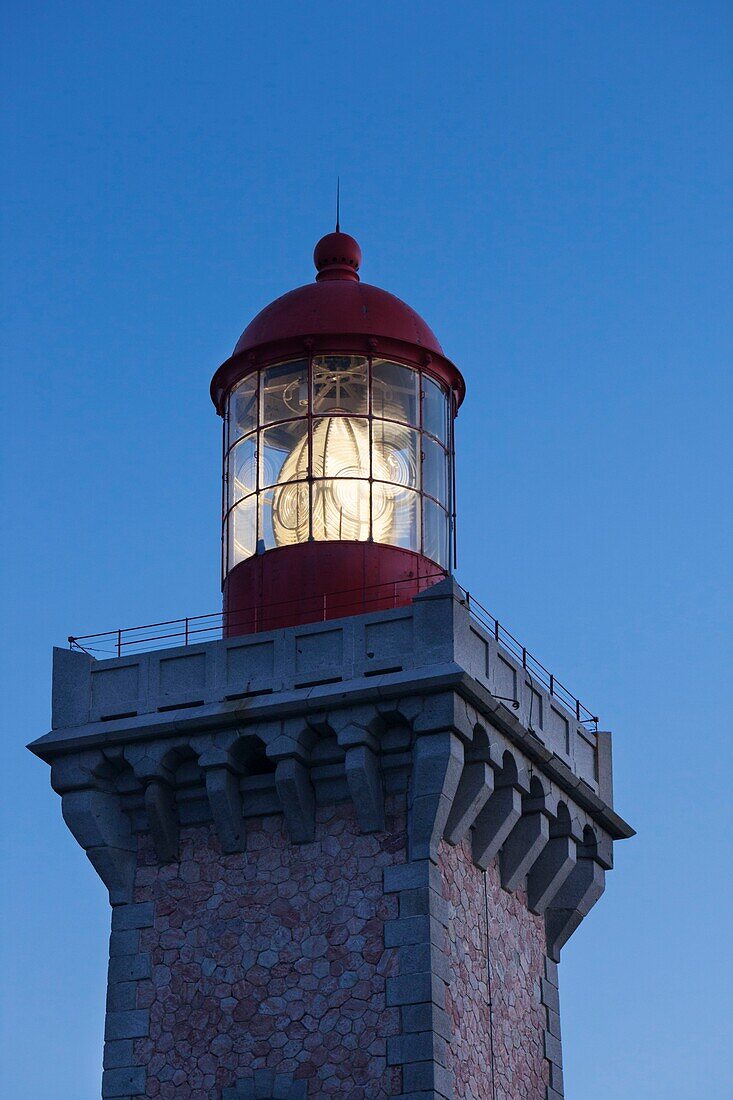 France, Pyrenees Orientales, Port Vendres, Bear cape, Cap Bear lighthouse lantern at night, listed as Historical Monument