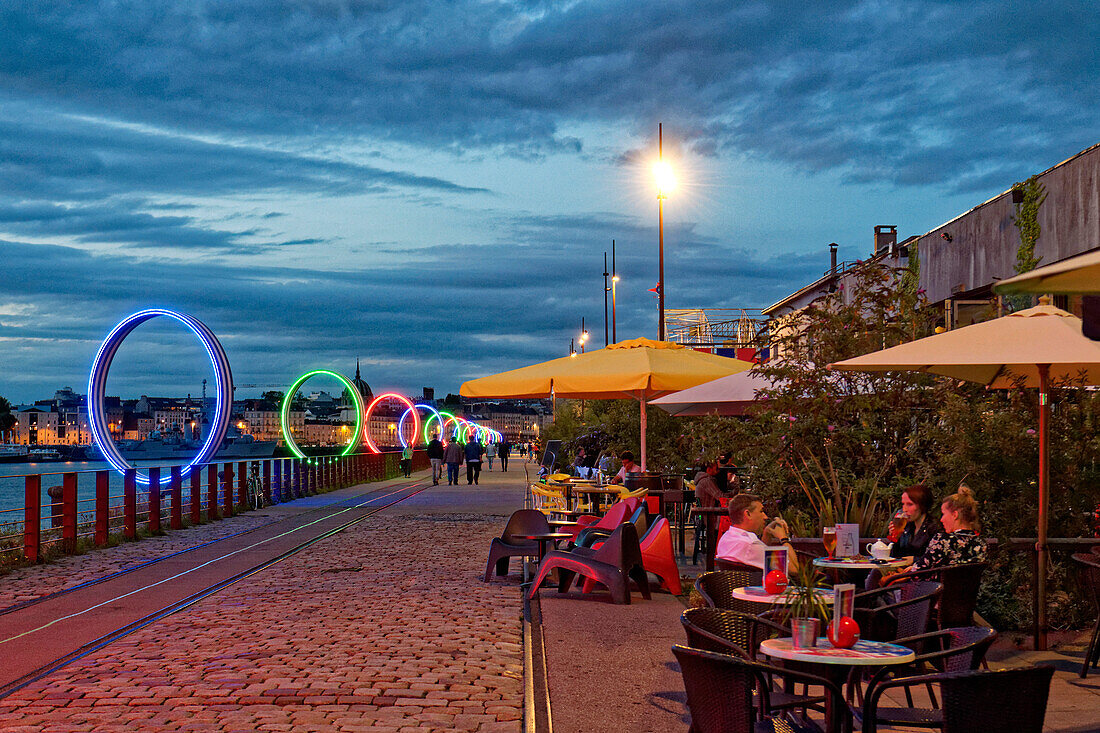 France, Loire Atlantique, Nantes, Ile de Nantes, quai des Antilles, the Hangar à Bananes (Bananas Warehouse) and Buren's rings on Loire River quays