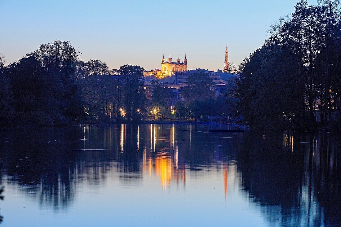 France, Rhone, Lyon, 6th district, La Tête d'Or district, Lac de la Tête d'Or park, the Notre-Dame de Fourvière basilica (19th century), listed as a historical monument in the background