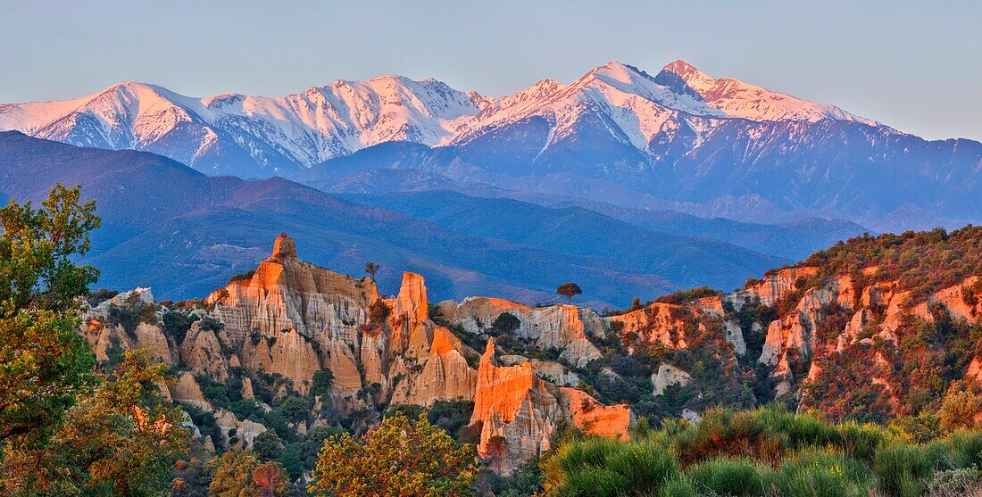 France, Pyrenees Orientales, Ille-sur-Tet, Les Orgues, overview of the site at sunrise