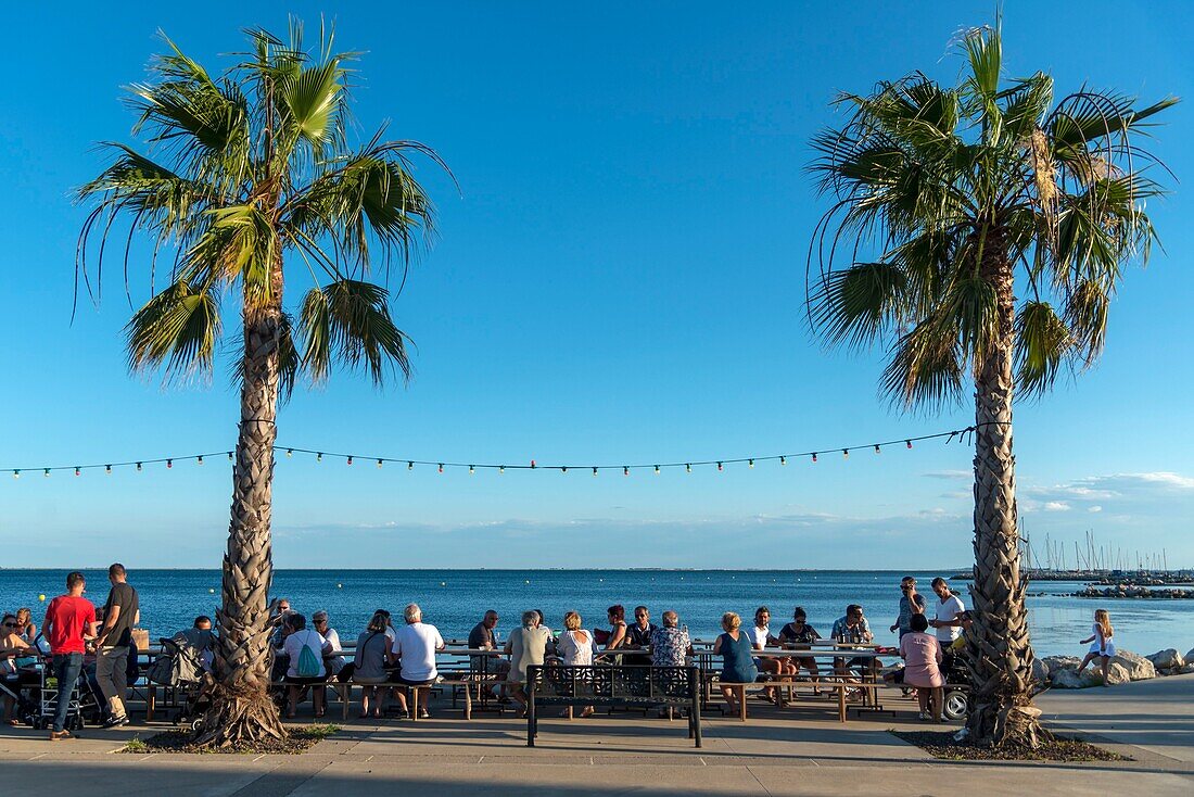 France, Herault, Meze, vacationers sat at a table in front of the lagoon of Thau