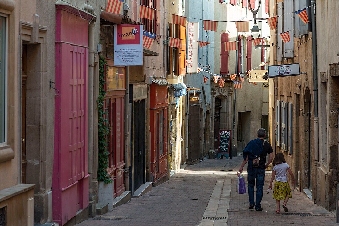 France, Aveyron, Millau, Peyrollerie Street, walkers in a pedestrian street