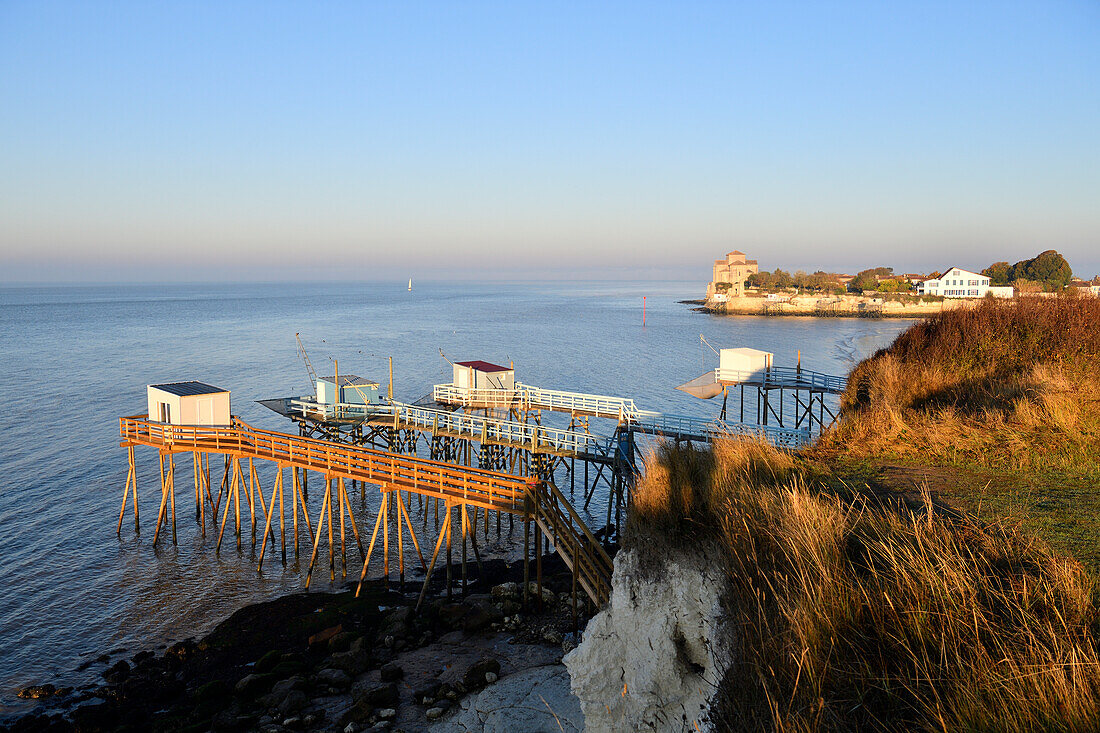 France, Charente Maritime, Gironde estuary, Talmont sur Gironde, labelled Les Plus Beaux Villages de France (The most beautiful villages of France), Carrelets (fisherman's hut) under the Caillaud cliffs