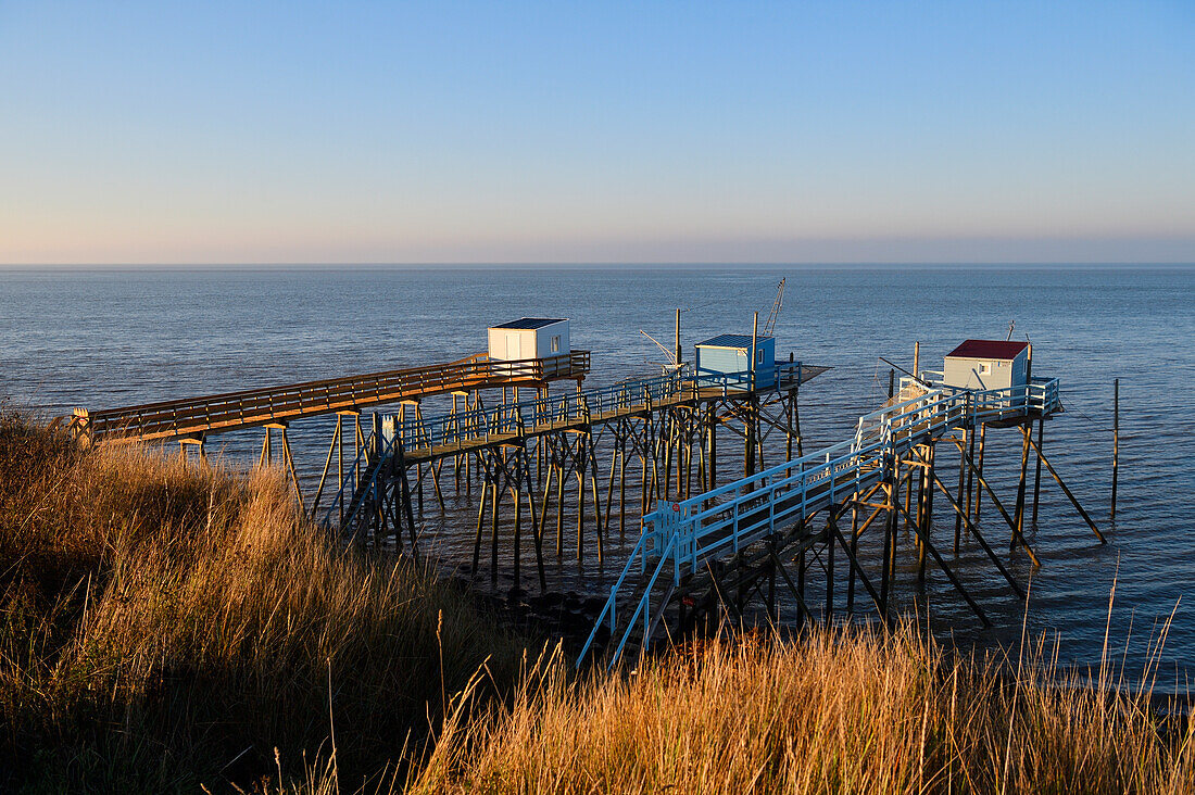 France, Charente Maritime, Gironde estuary, Talmont sur Gironde, labelled Les Plus Beaux Villages de France (The most beautiful villages of France), Carrelets (fisherman's hut) under the Caillaud cliffs