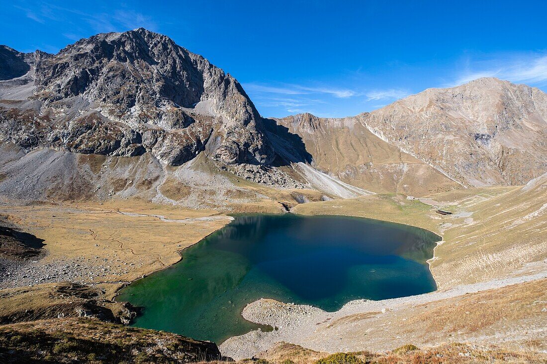 France, Isere, Ecrins National Park, Veneon valley, Muzelle lake and refuge on the GR 54 hiking trail