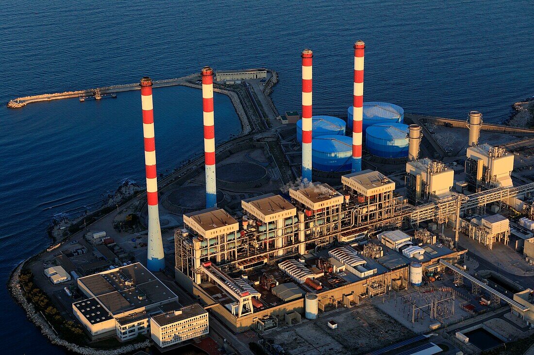 France, Bouches du Rhone, Blue Coast, Martigues, Anse des Laurons, EDF Thermal Power Station (aerial view)