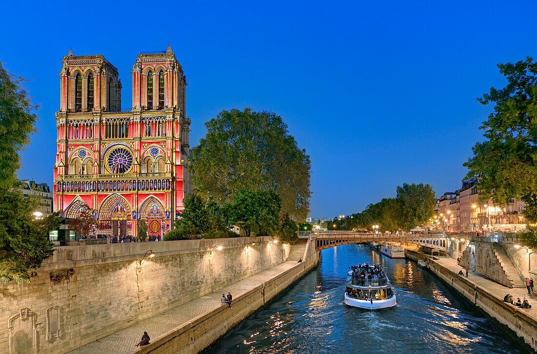 France, Paris, the banks of the Seine river listed as World Heritage by UNESCO, the City island with Notre Dame cathedral during a light and sound show and a tour boat