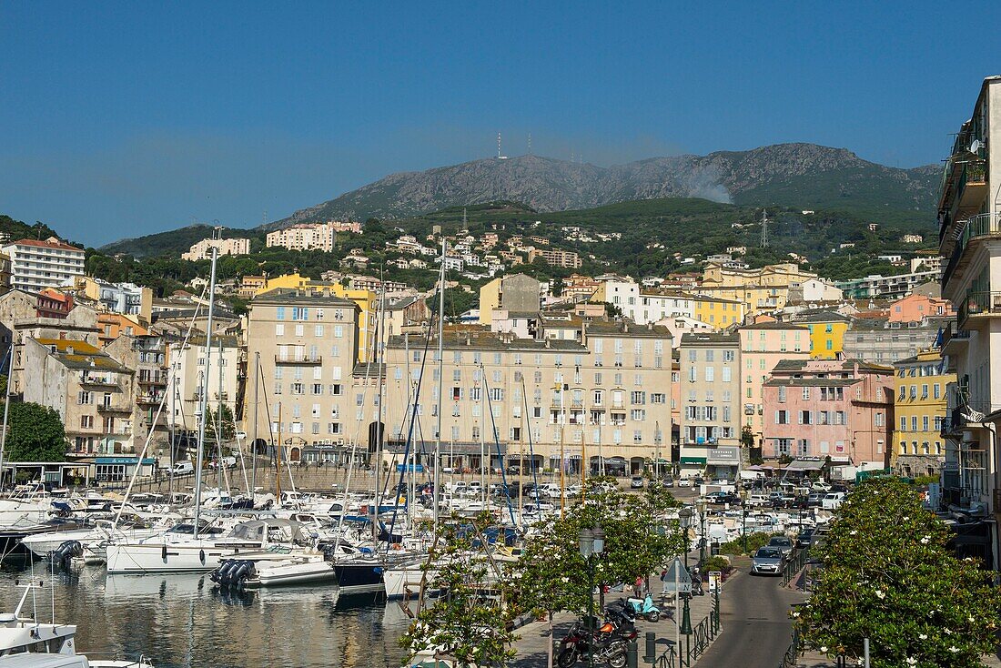 France, Haute Corse, Bastia, the old port and the facades of the Rue de la Marine from the pier of the captaincy and the mountain of Serra di Pigno