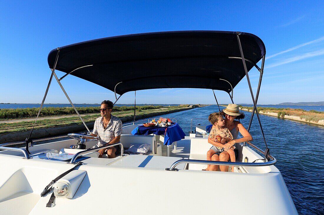 France, Herault, Villeneuve les Maguelone, Canal du Rhone in Sete, Boat rental The Boat