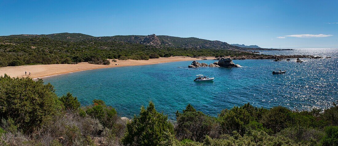 Frankreich, Corse du Sud, Campomoro, Tizzano, Wanderung auf dem Küstenpfad im Senetosa-Reservat, Panoramablick auf die Tivella-Bucht und die unberührte Küste