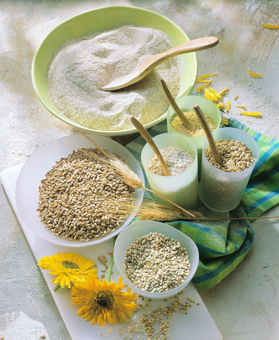 Various types of cereal and wholemeal flour in bowls