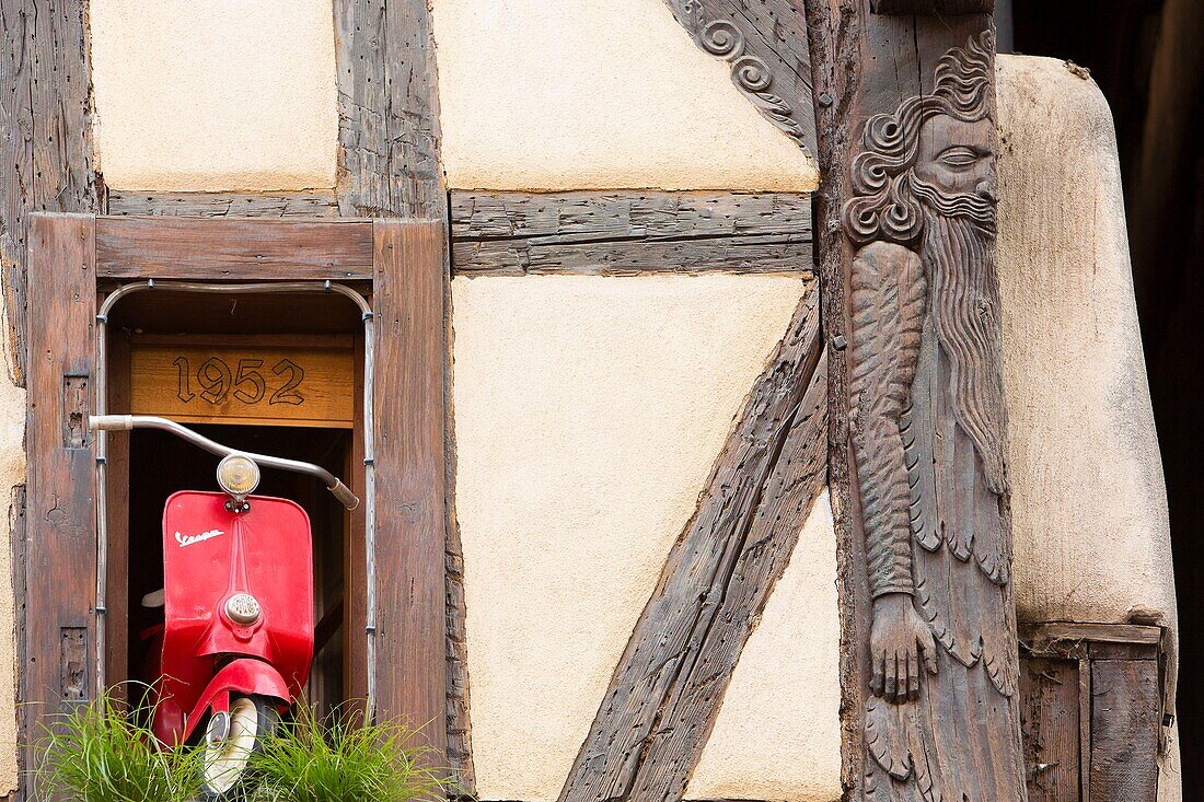 France, Haut Rhin, Route des Vins d'Alsace, Riquewihr labelled Les Plus Beaux Villages de France (One of the Most Beautiful Villages of France), half timbered house facade