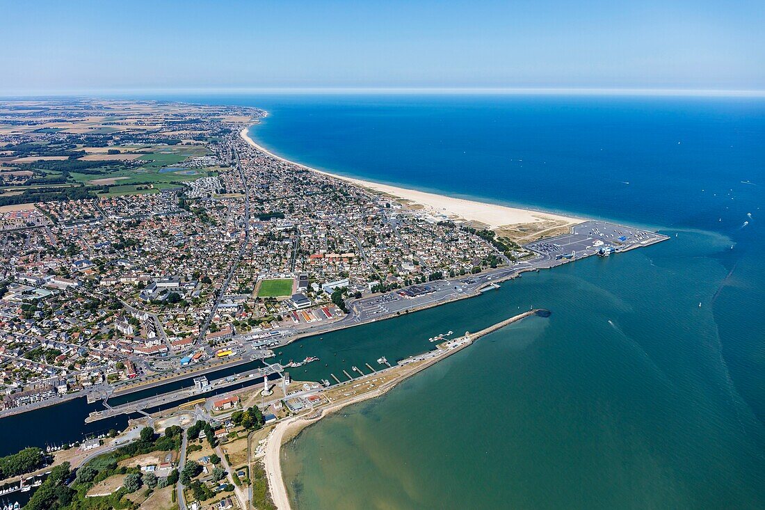 France, Calvados, Ouistreham, the canal, the town and Sword beach June 6 1944 landing beach (aerial view)