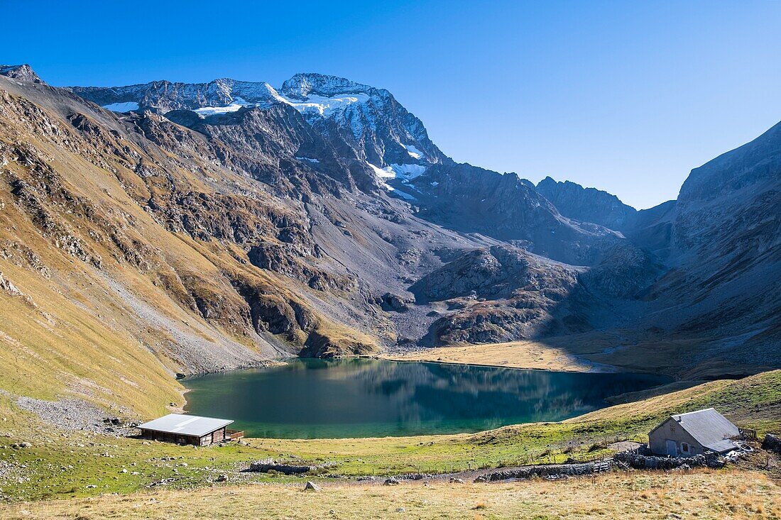 France, Isere, Ecrins National Park, Veneon valley, Muzelle lake and refuge on the GR 54 hiking trail, Muzelle glacier in the background