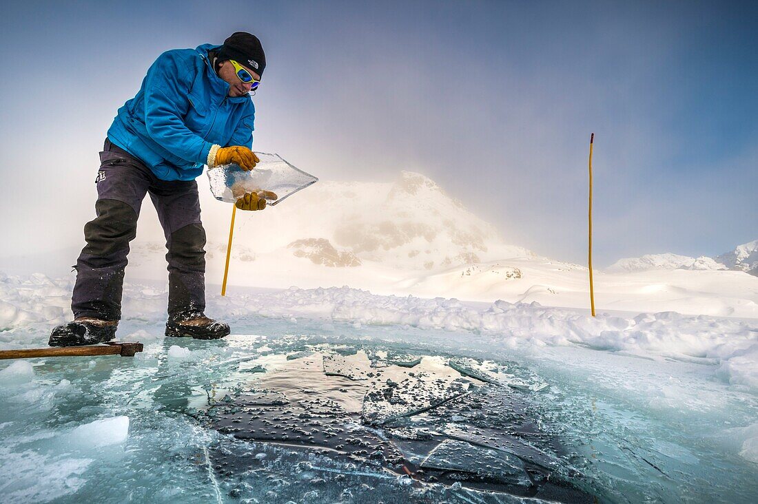 Frankreich, Isère (38), Belledonne, Chamrousse, Robert Lakes, während ein Team von Tauchern sich darauf vorbereitet, unter dem Eis zu tauchen, bereitet der Direktor des Dive Xtreme Clubs die Oberlichter vor, indem er das kühle Eis der Nacht bricht