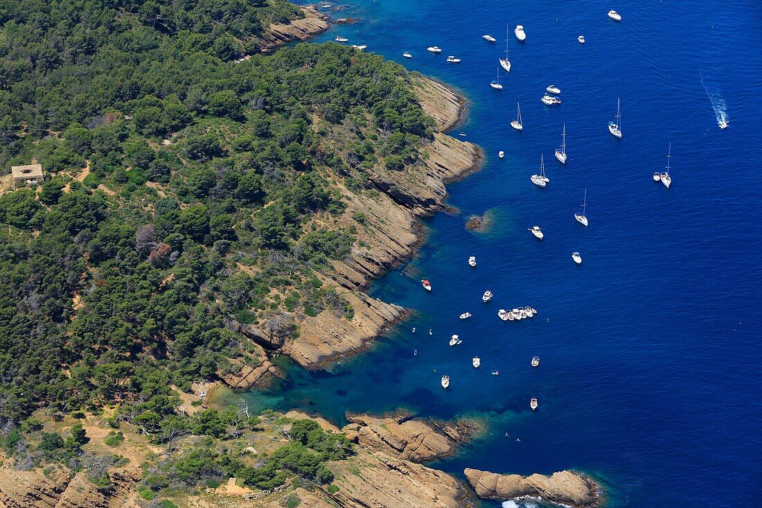 Frankreich, Bouches du Rhone, Calanques-Nationalpark, La Ciotat, Grüne Insel, Bucht von Seynerolles (Luftaufnahme)