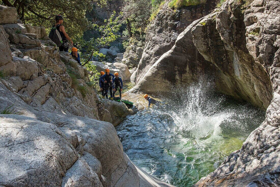 France, Corse du Sud, Bocognano, the canyon of the Richiusa, jump in the basins emerald color