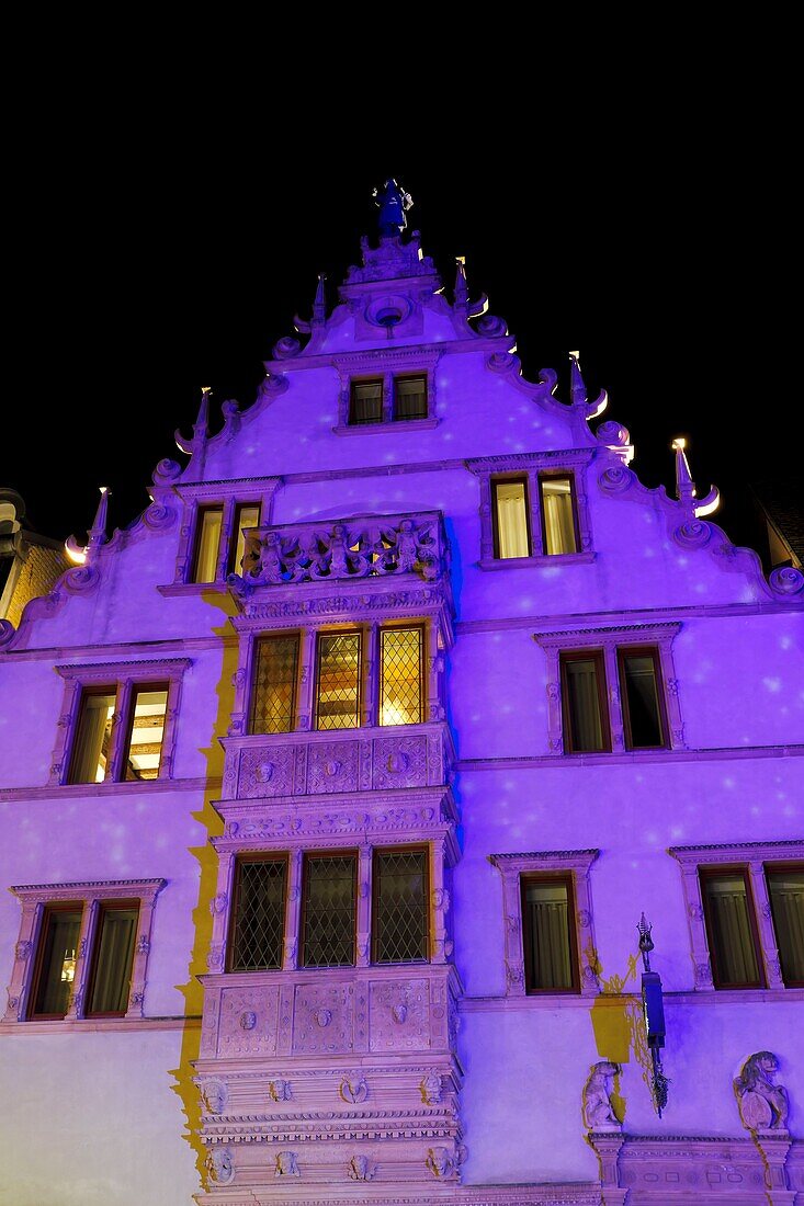 France, Haut Rhin, Colmar, Rue des Tetes, Maison des Tetes dated 1609, during the Christmas market, illuminations