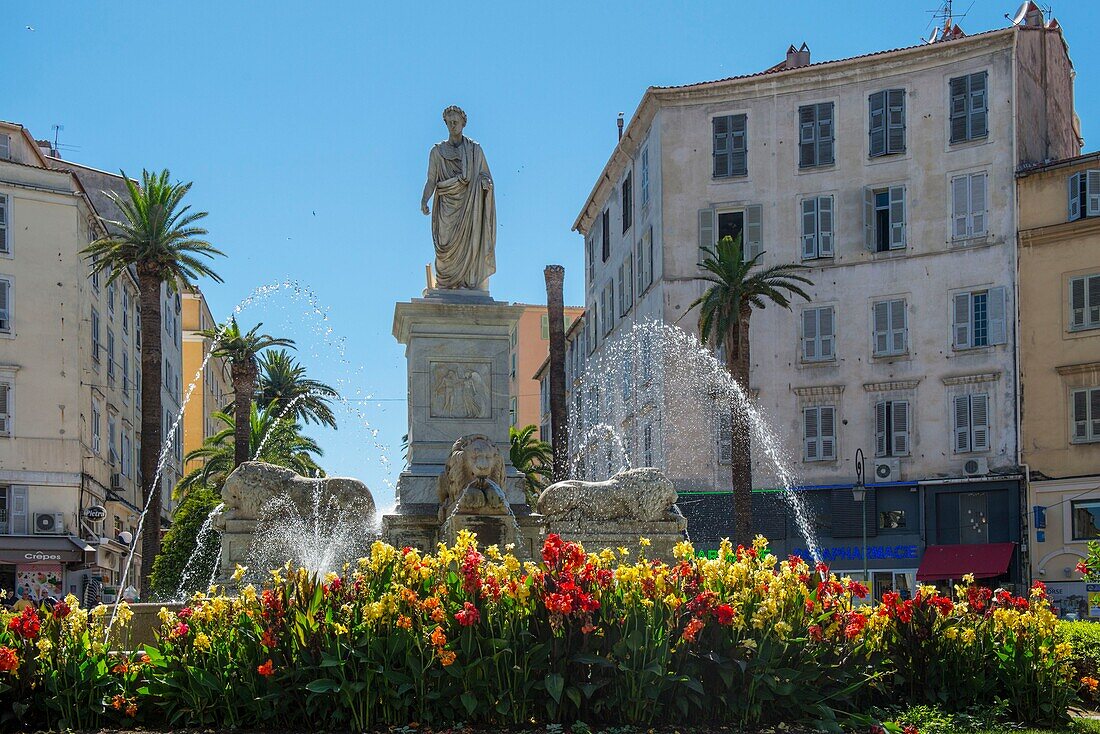 France, Corse du Sud, Ajaccio, the place Foch and the statue of Napoleon Bonaparte