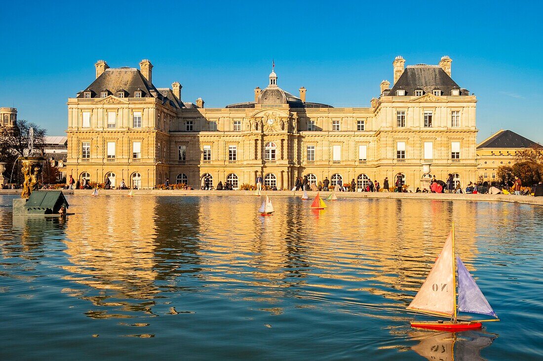 Frankreich, Paris, Luxemburgischer Garten im Herbst, das Bassin und der Senatspalast