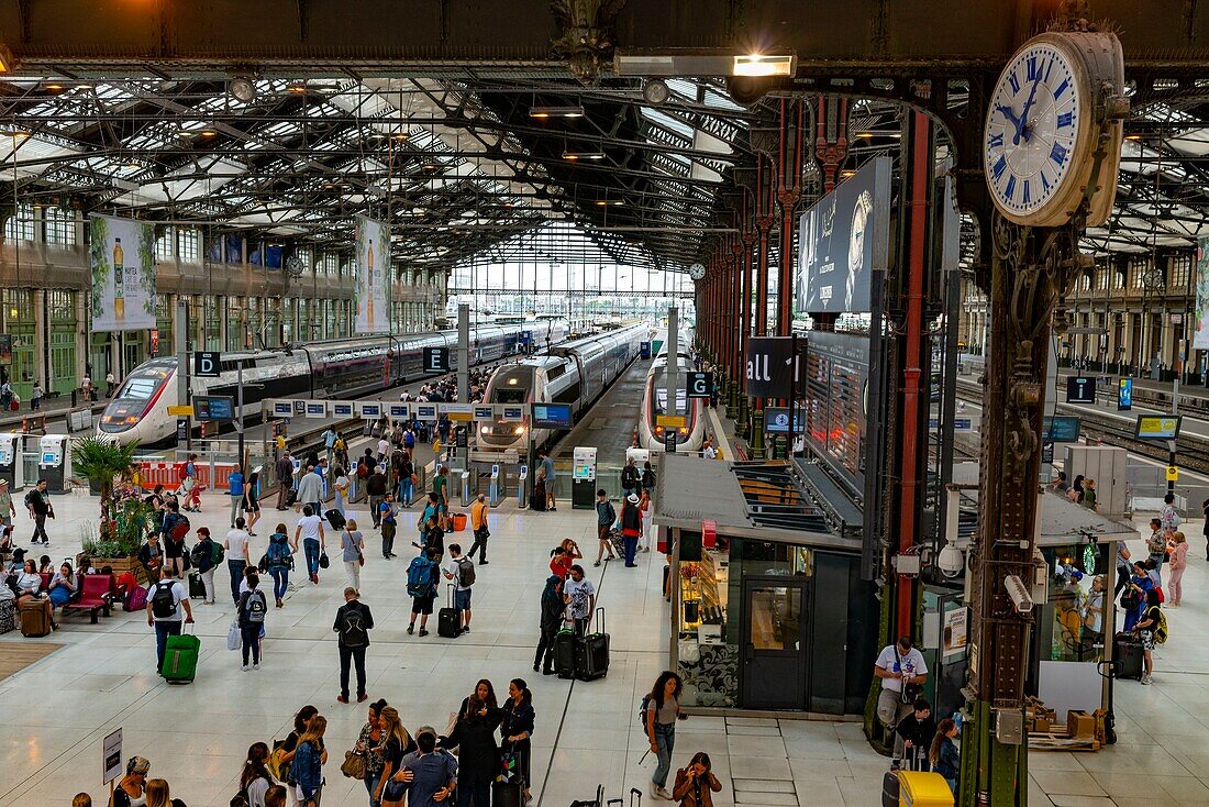 Frankreich, Paris, Bahnhof von Lyon, geht und kommt von Reisenden in einer Bahnhofshalle