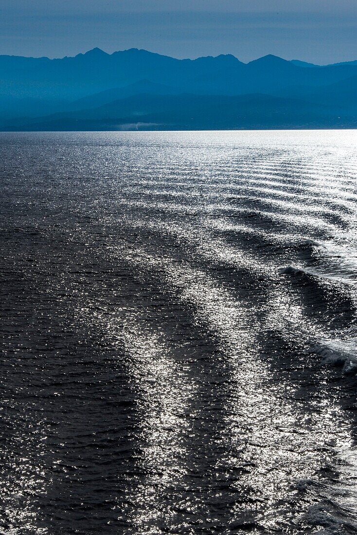 France, Corse du Sud, Ajaccio, waves of the ferry on the sea water off shore