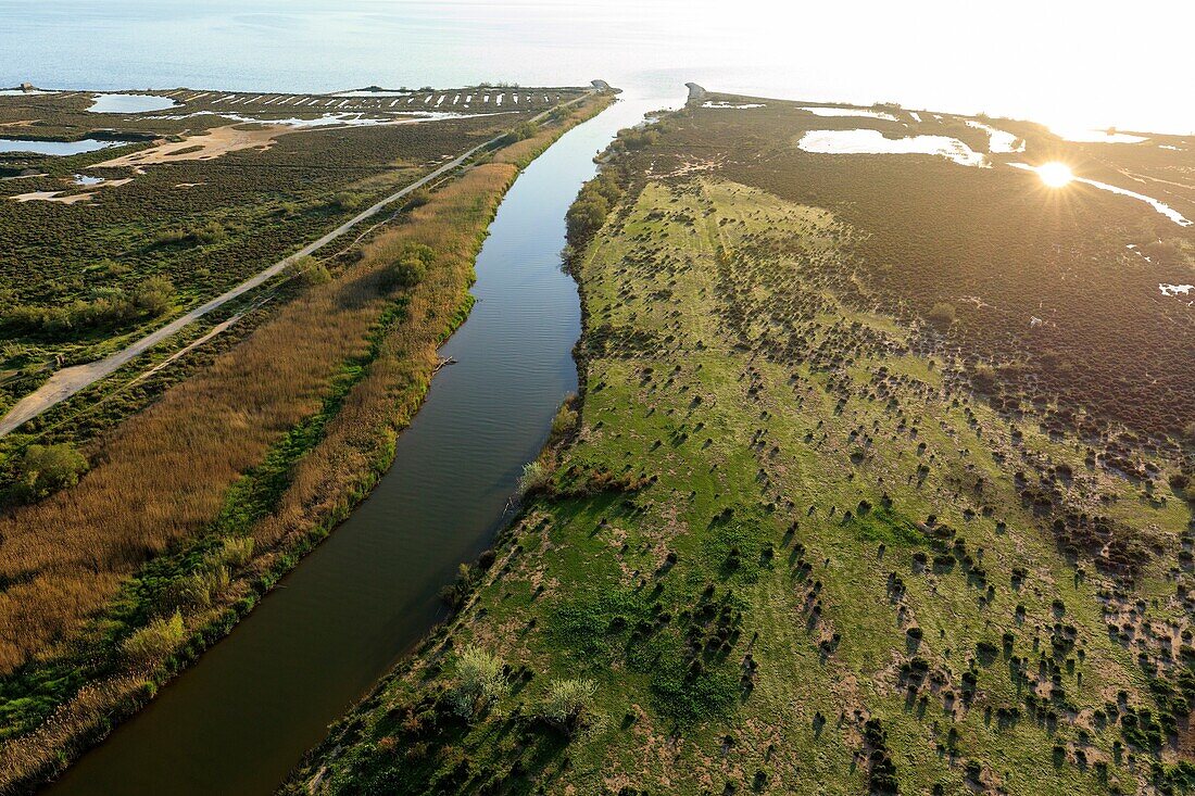 France, Bouches du Rhone, Berre l'Etang, Etang de Berre, mouth of the Arc (aerial view)