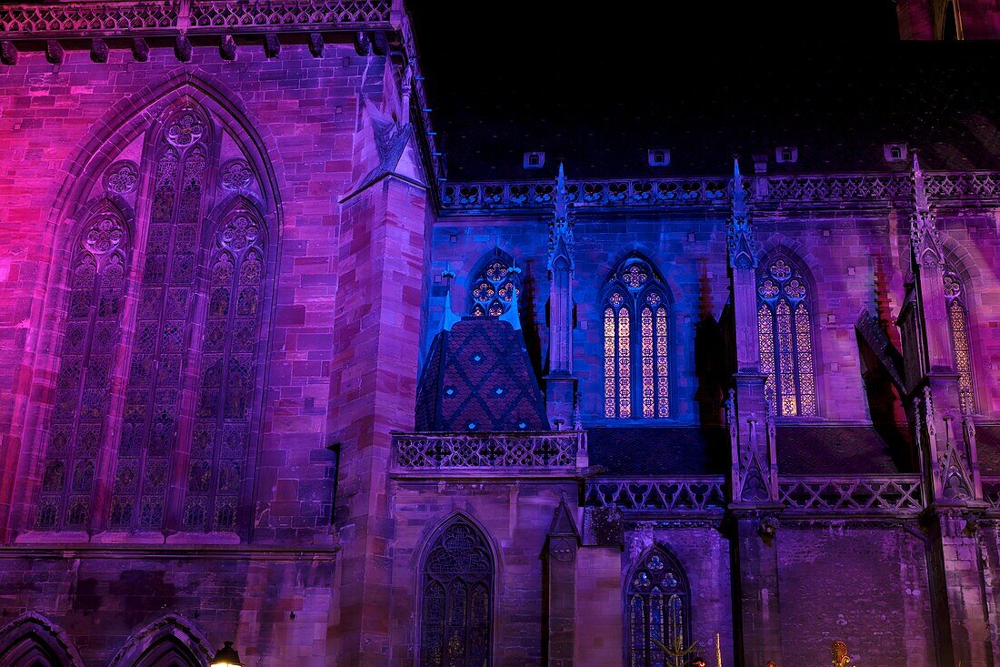 France, Haut Rhin, Colmar, Place de la Cathedrale, Saint Martin collegiate church dated 12th-14th centuries, illuminations during the Christmas market