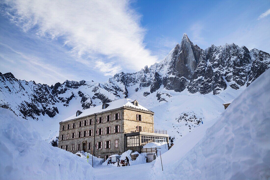 France, Haute Savoie, Mont Blanc valley, Chamonix Mont Blanc, the refuge hotel of Montenvers, The Drus (3754 m)