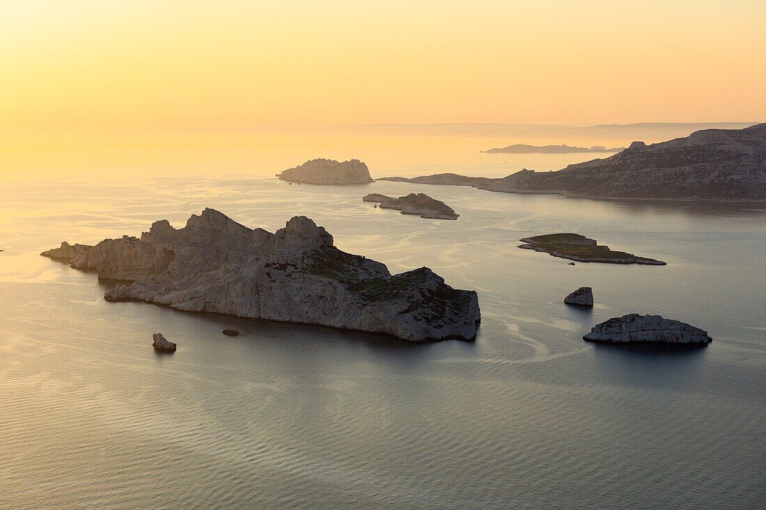 France, Bouches du Rhone, Calanques National Park, Marseille, Riou Archipelago Nature Reserve, Riou Island and Maire Island in the background (aerial view)