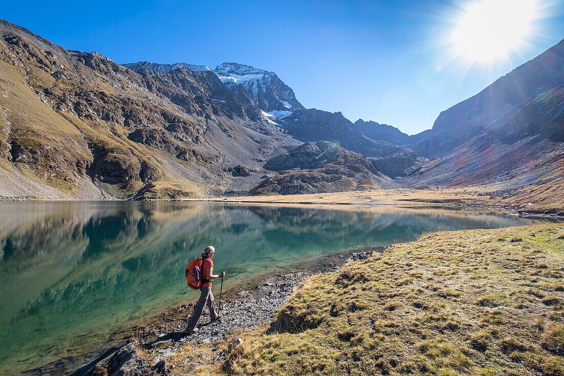 France, Isere, Ecrins National Park, Veneon valley, Muzelle lake on the GR 54 hiking trail, Muzelle glacier in the background