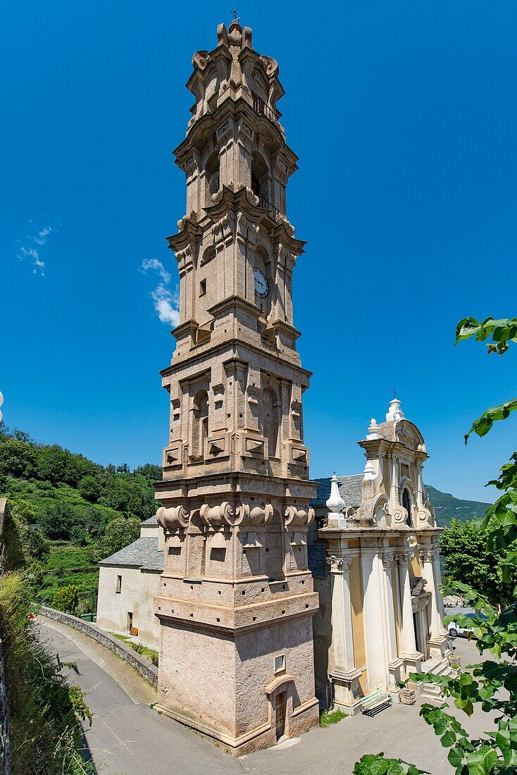 France, Haute Corse, Castanicia, Regional Natural Park, Porta Church of St. John the Baptist and its campanile
