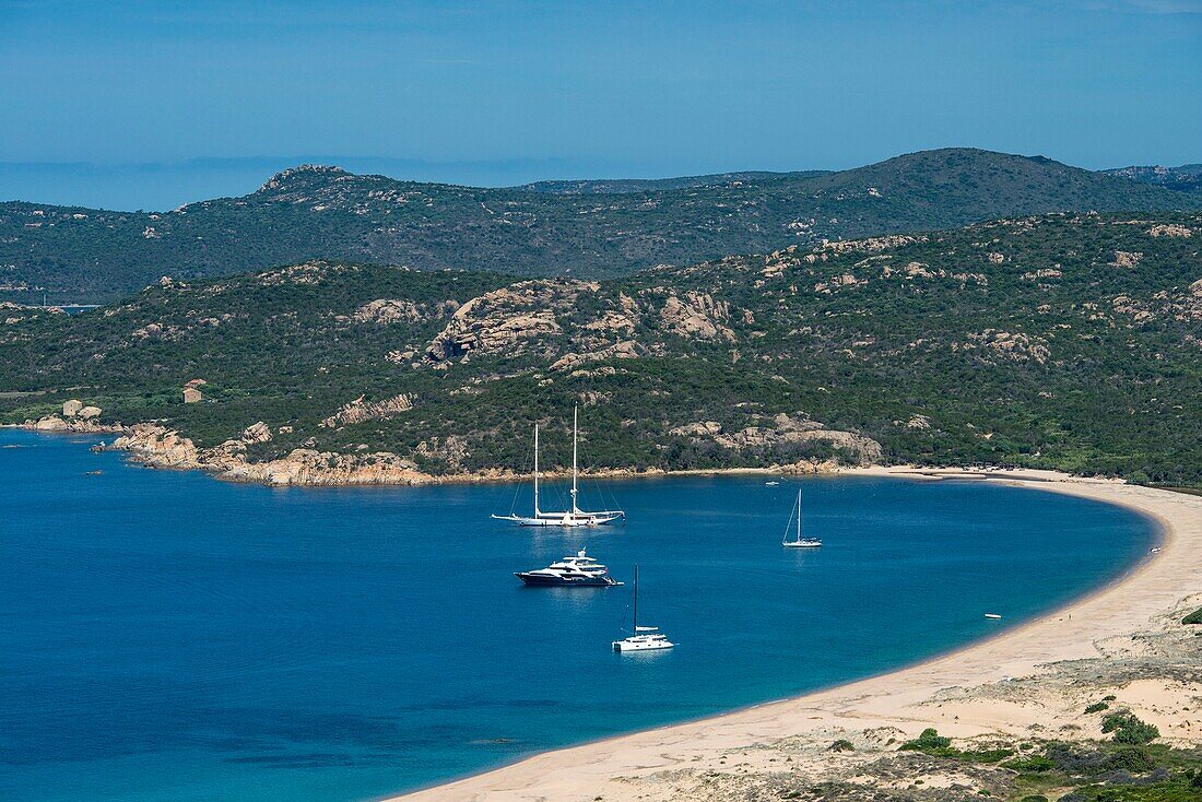 Frankreich, Corse du Sud, Roccapina, der Strand von Erbaju vom Genueser Turm aus gesehen