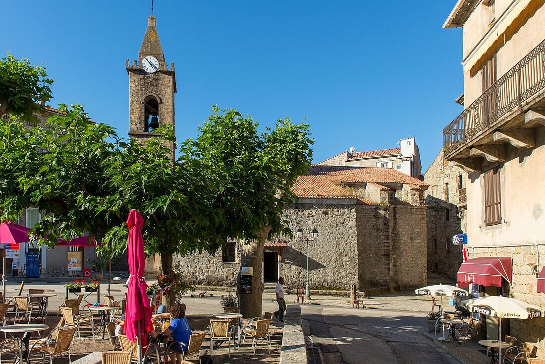 France, Corse du Sud, Alta Rocca, bar terrace on the village square of Sainte Lucie de Tallano