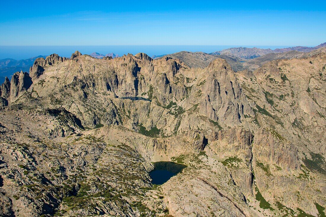 France, Haute Corse, Corte, Restonica Valley, flying over the lakes of the Regional Natural Park here Rinoso Lake (aerial view)