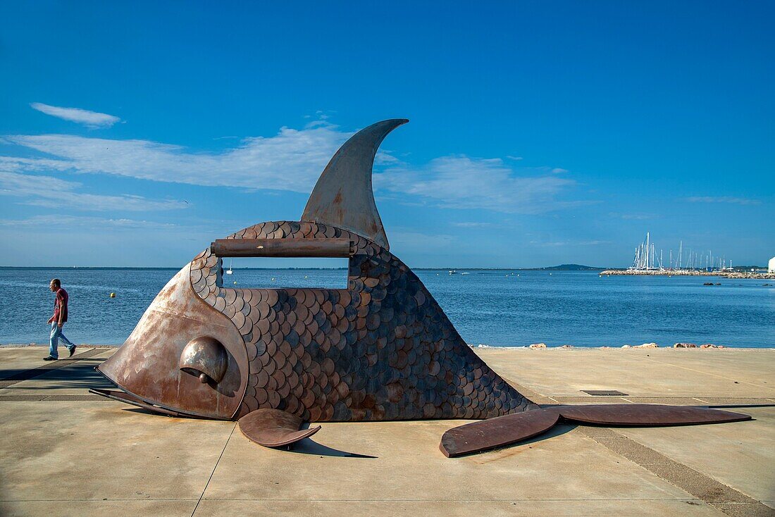 France, Herault, Meze, sculpture on metal representing a fish of the artist Nicolas Jouas with the lagoon of Thau in the background